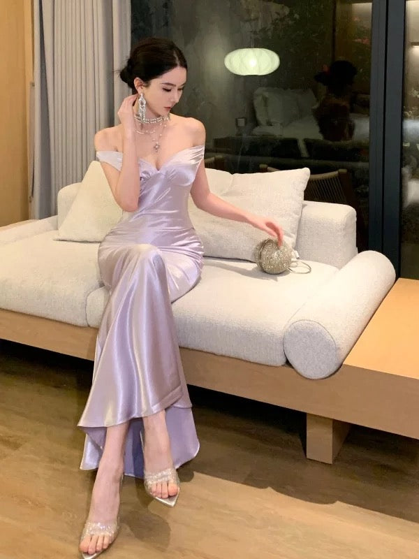 Robes de soirée sirène simples, en satin lilas, sans bretelles, robe de soirée formelle N4018