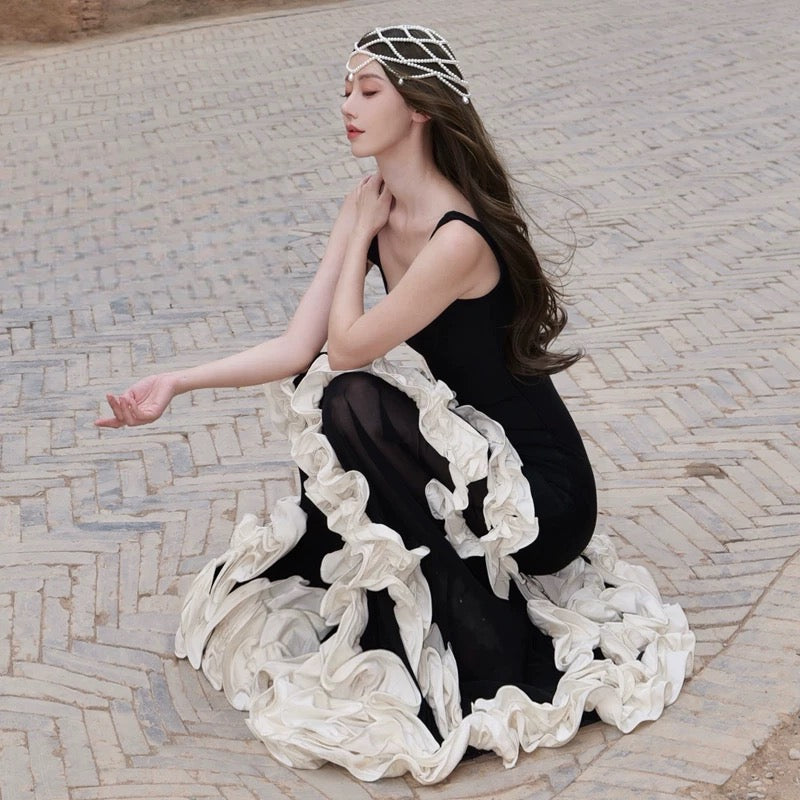 Robe de soirée élégante sirène noire, col carré, pour 21e anniversaire, longueur ras du sol, pour invitée de mariage N4019