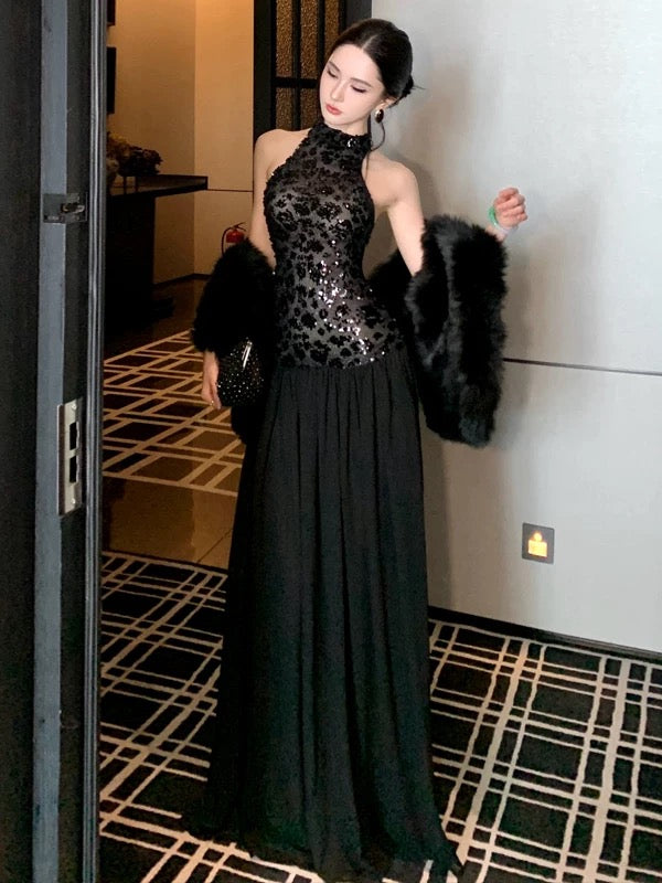 Sexy Robe de Soirée Élégante Trapèze à Col Halter Noire Pailletée Taille Basse Longueur Ras du Sol pour 21e Anniversaire Robes d'Invitée de Mariage d'Été N4038
