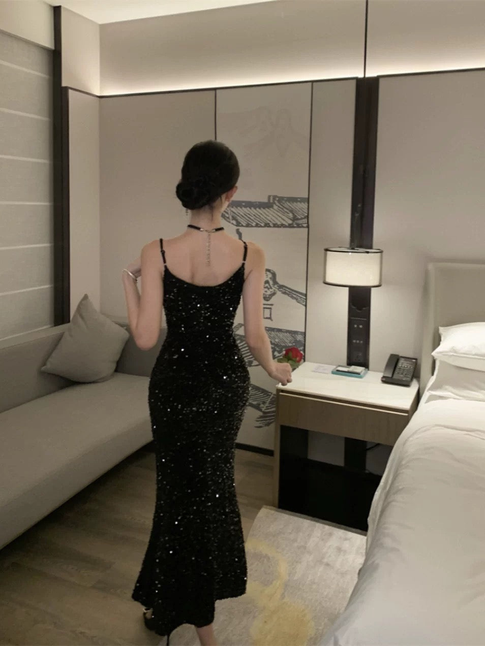 Robe de soirée sirène sexy à bretelles fines noire pour 18e anniversaire, élégante, avec paillettes, pour invitée de mariage N4046