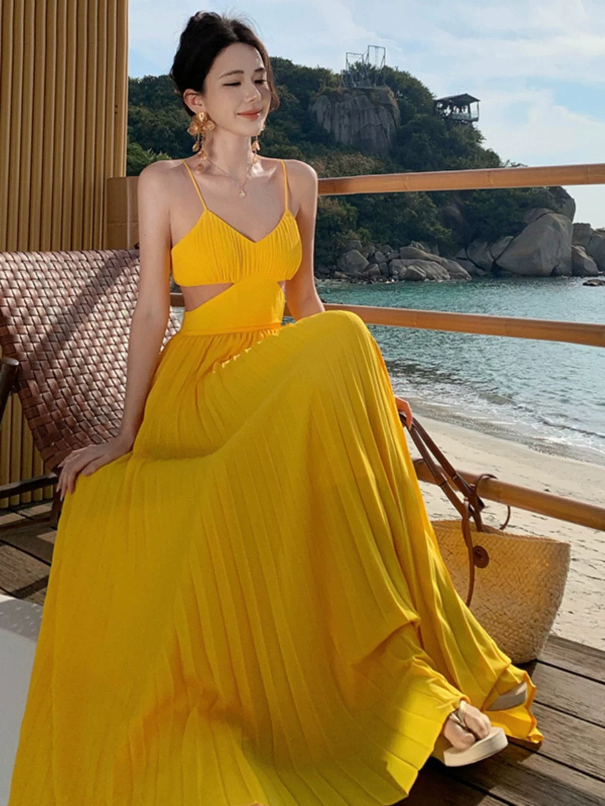 Robe de bal élégante en mousseline jaune à bretelles spaghetti et ligne A pour 21ème anniversaire, tenue d'invitée de mariage d'été N4056