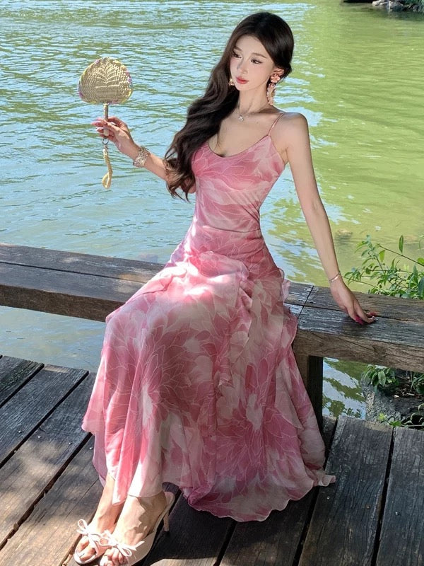 Simple Mermaid Spaghetti Strap Pink Chiffon Summer Beach 19th Birthday Elegant Outfit Wedding Guest Dresses N4067