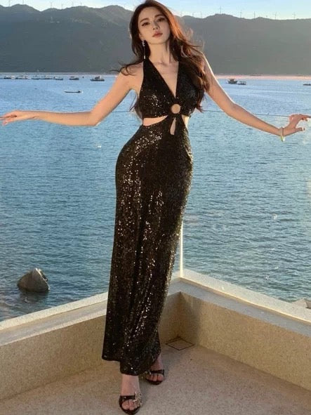 Robe de soirée élégante à sequins scintillante avec col licou et sirène pour le 19e anniversaire, robe d'invitée de mariage N4071