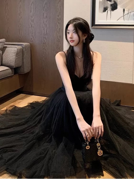 Robe de Soirée Élégante d'Anniversaire pour les 19 Ans, Robe d'Invité de Mariage, en Tulle Noir avec Bretelles Fines, Coupe Évasée, Été N4076