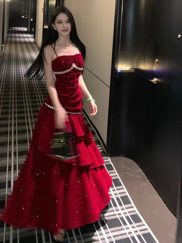 Robe de soirée élégante sirène bordeaux en velours à fines bretelles pour 19e anniversaire et invitée de mariage N4078