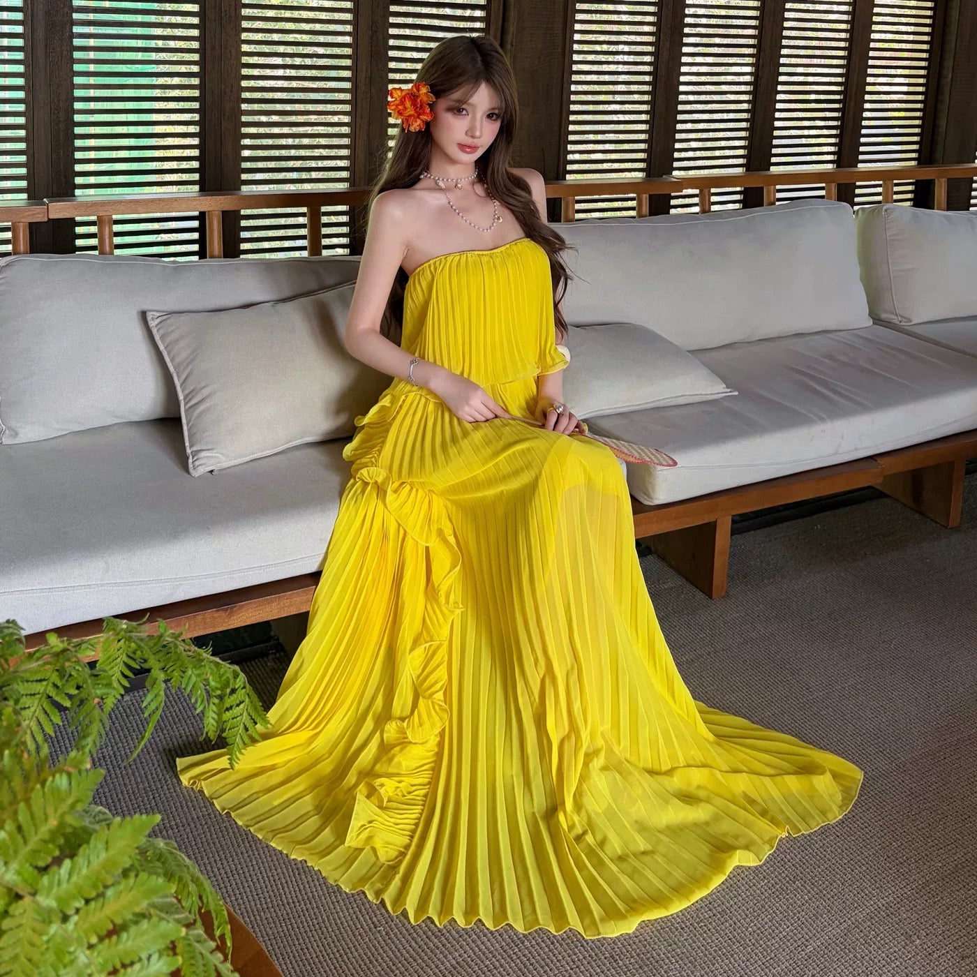 Robe de soirée élégante en mousseline jaune bustier coupe trapèze pour 21ème anniversaire, tenue d'été pour invitée de mariage N4084
