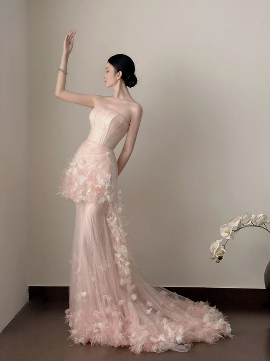Modest Mermaid Strapless Pink With Flowers Long Floor Length Evening Dresses Inspo Evening Outfits RB5166