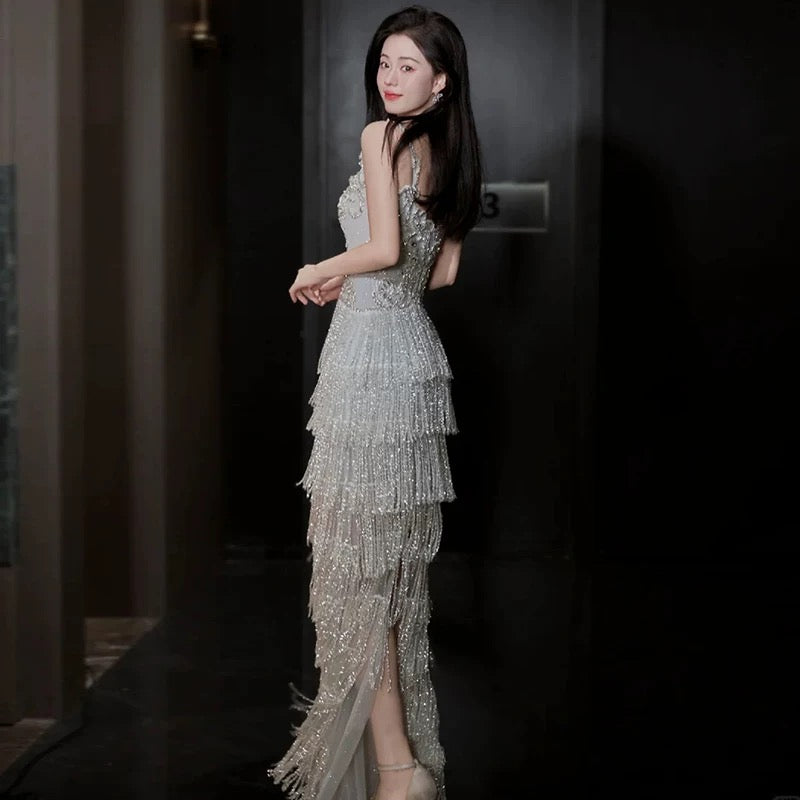 Beautiful Women's A Line Sweetheart Silver Sequin Maxi Dress Date Night Evening Outfit Semi Formal Prom Dresses RB5223