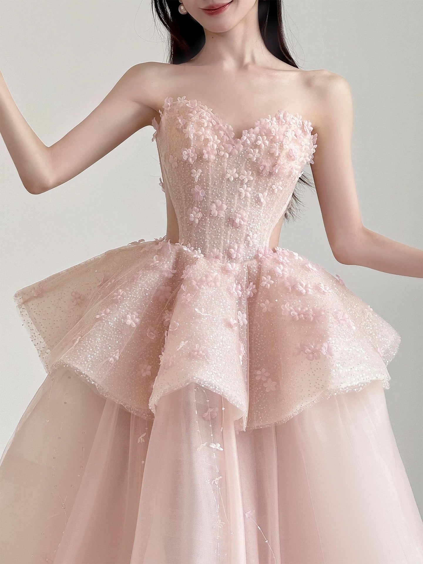 Cute Prom Dress Ball Gown Sweetheart Pink With Flowers Floor Length Quinceanera Dresses Evening Formal Outfits RB5183