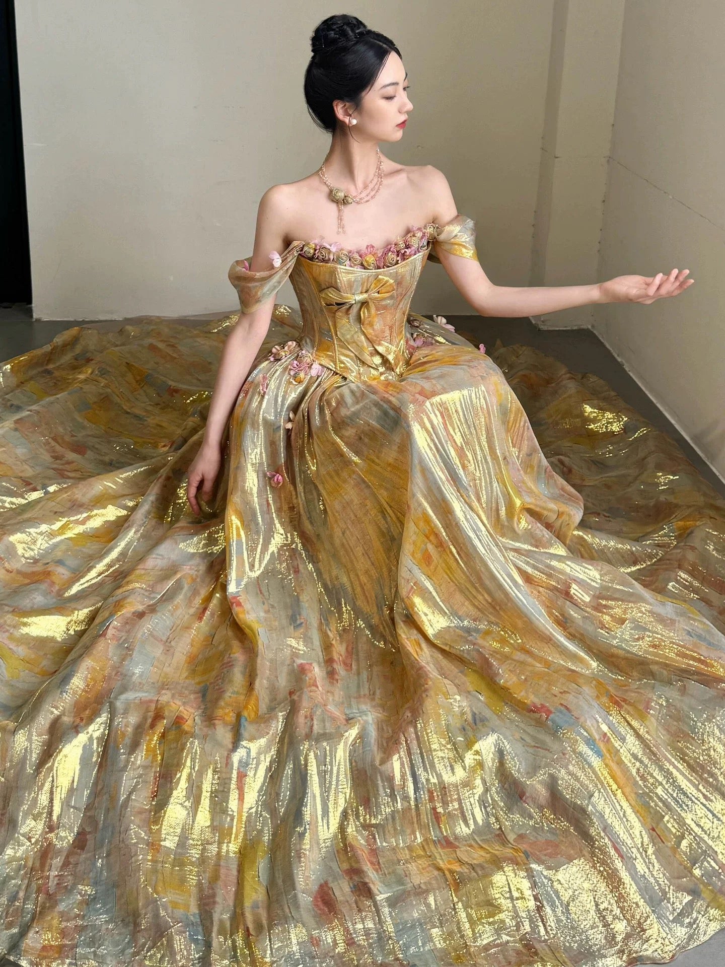 Sweet Prom Dress Ball Gown Off The Shoulder Gold With Flowers Floor Length Quinceanera Dresses Party Formal Outfits RB5248