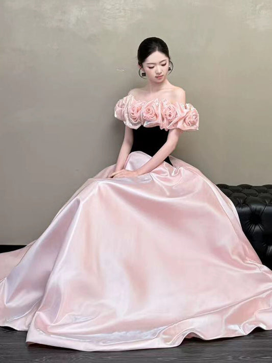 Glam A line Off The Shoulder Pink With Flowers Satin Prom Dresses Evening Long Semi Formal Dress RB3758