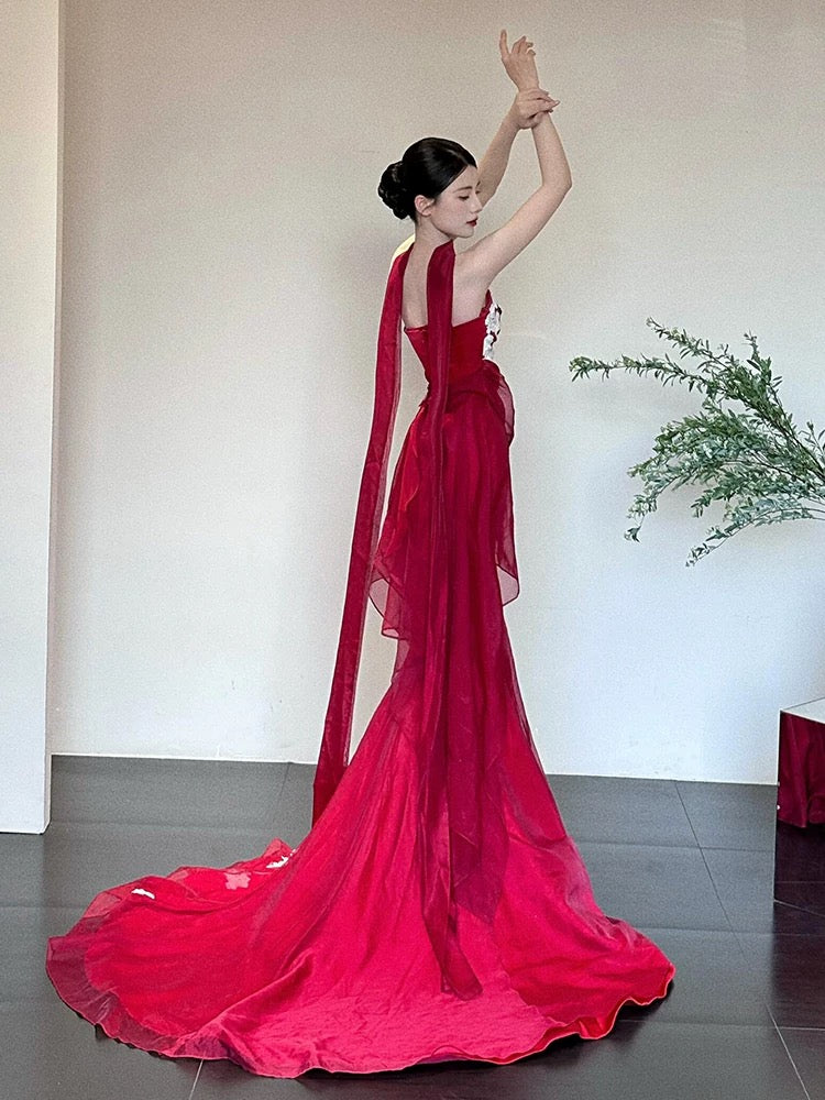 Eclectic Women's Mermaid Sweetheart Red With White Lace Maxi Dress Date Night Evening Outfits Formal Prom Dresses RB5252