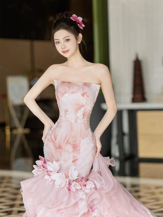 Beautiful Mermaid Strapless Pink With Layered Tiered Date Night Outfits Semi Formal Prom Gown Evening Dresses RB5314