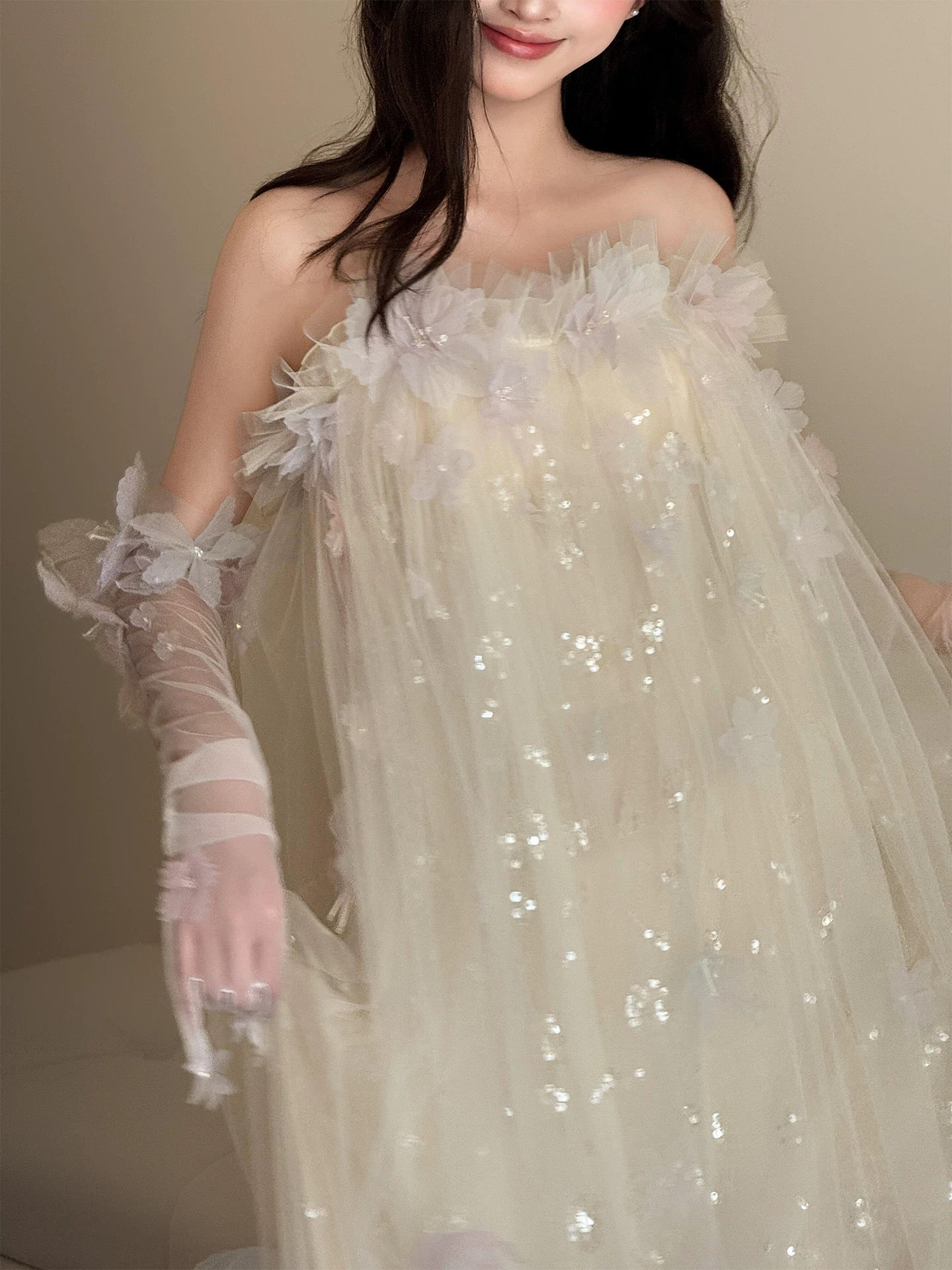 Princess Ball Gown Strapless White Tulle With Flowers Date Night Evening Outfit Formal Prom Dresses RB5328