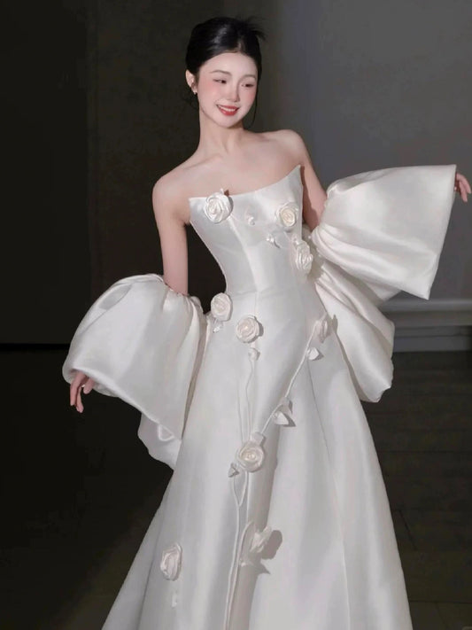 Timeless A Line Strapless Satin White With Cape Floor Length Brides Gown Bridal Dress Wedding Dresses RB5567