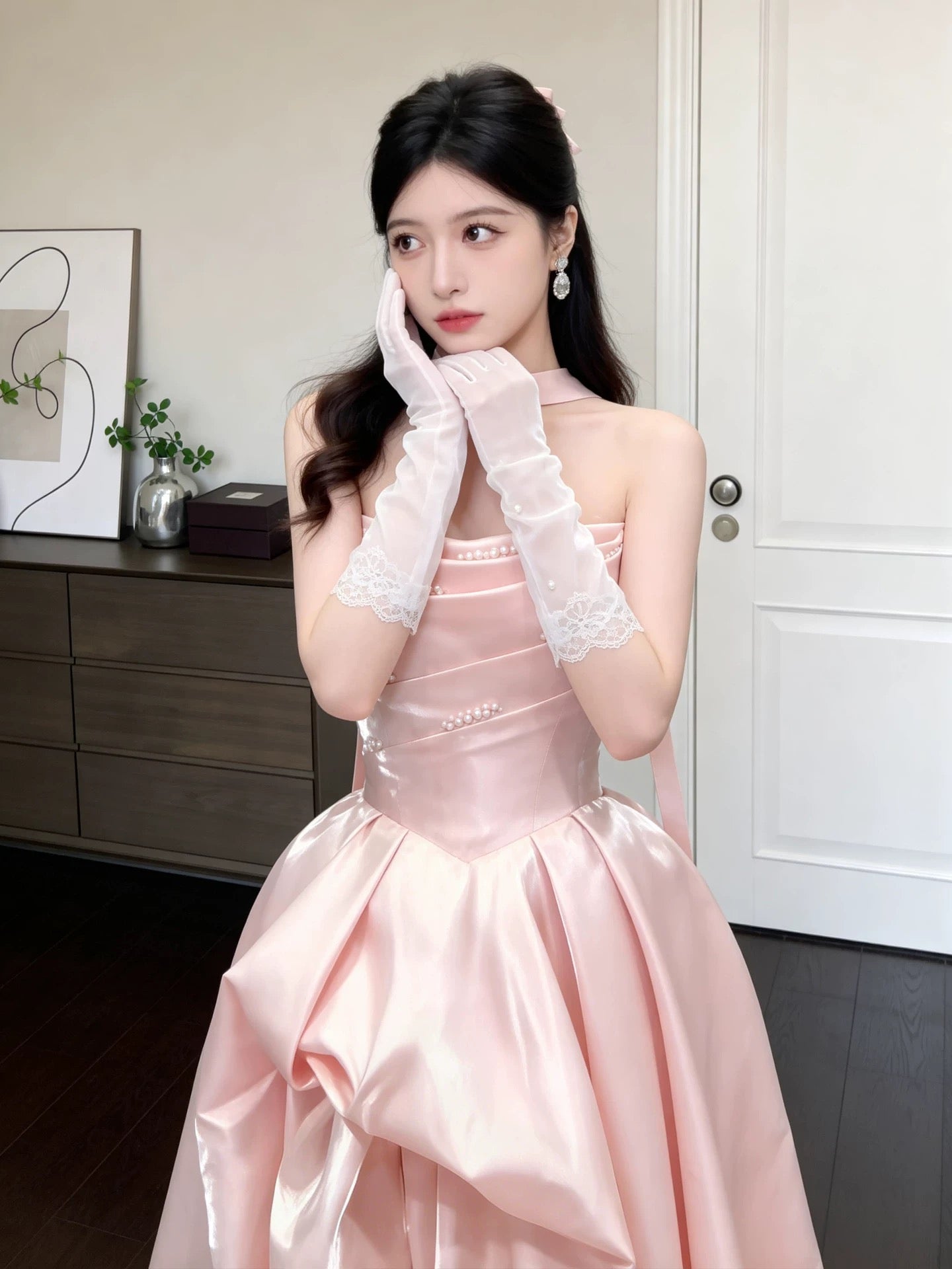 Elegant Ball Gown Strapless Pink With Pearls Date Night Outfits Semi Formal Prom Gown Evening Dresses RB5568
