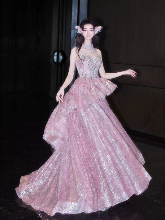 Sparkly A Line Sweetheart Pink Sequin Long Date Night Outfits Semi Formal Prom Gown Evening Dresses RB5543
