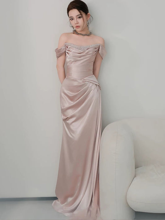 Sparkly Mermaid Off The Shoulder Pink With Beads Long Date Night Evening Outfit Formal Prom Dresses RB5340