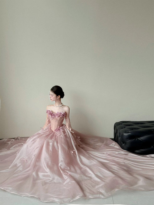 Princess Prom Dresses Ball Gowns Strapless Pink WIth 3D Flowers Evening Long Quince Dress N4243