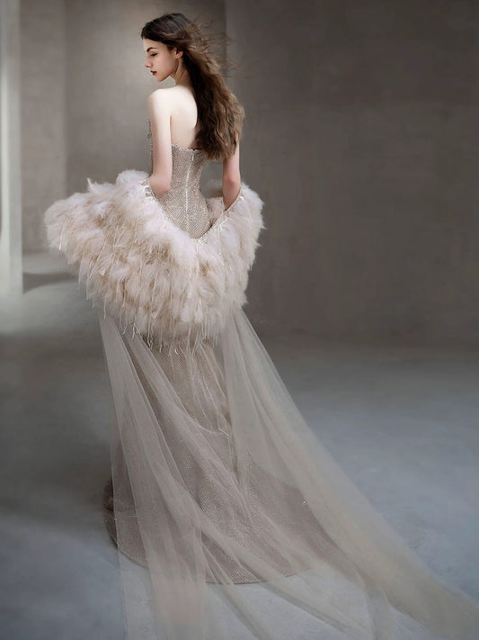 Sparkling Mermaid Spaghetti Strap Sequin Sleeveless Long Prom Dresses With Feathers Cape For Women N4244