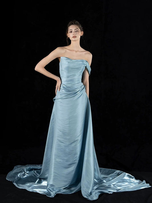 Simple Mermaid Strapless Blue With Folded Long Prom Dresses For Women N4247