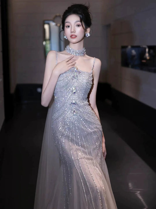 Sparkling Mermaid Spaghetti Strap Silver Gray Tulle Sleeveless Long Prom Dresses With Cape For Women N4249