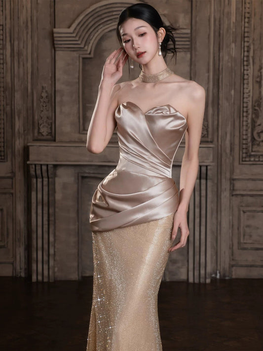Sparkly Mermaid Sweetheart Champagne Sequin Long Prom Evening Dresses Inspo Evening Outfits RB5189