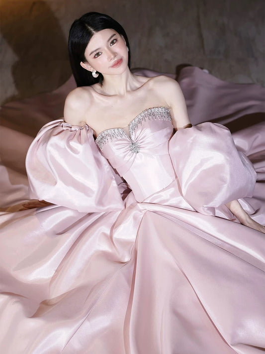 Modest Ball Gowns Sweetheart Pink Satin With Cape Sleeveless Long Prom Dresses For Women N4254
