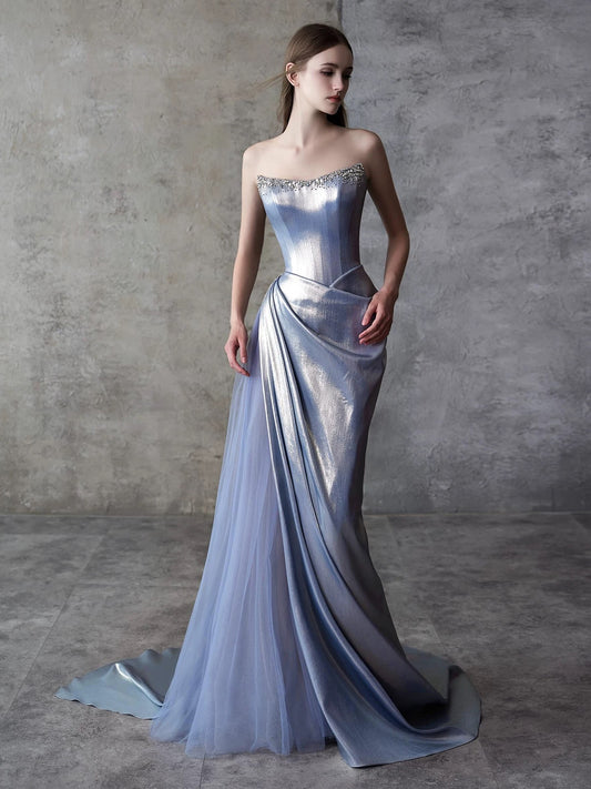 Sexy Mermaid Strapless Blue Satin Sleeveless Formal Gowns Long Prom Dresses For Women N4255