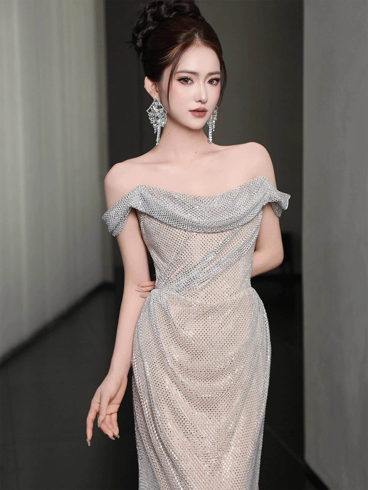 Unique Women's Mermaid Off The Shoulder Sequin Maxi Dress Date Night Outfits Semi Formal Prom Dresses RB5191
