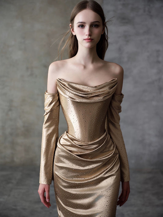 Sexy Meerjungfrau Trägerloses Champagner Satin Ärmellos Mit Handschuhen Lange Ballkleider Für Damen N4258