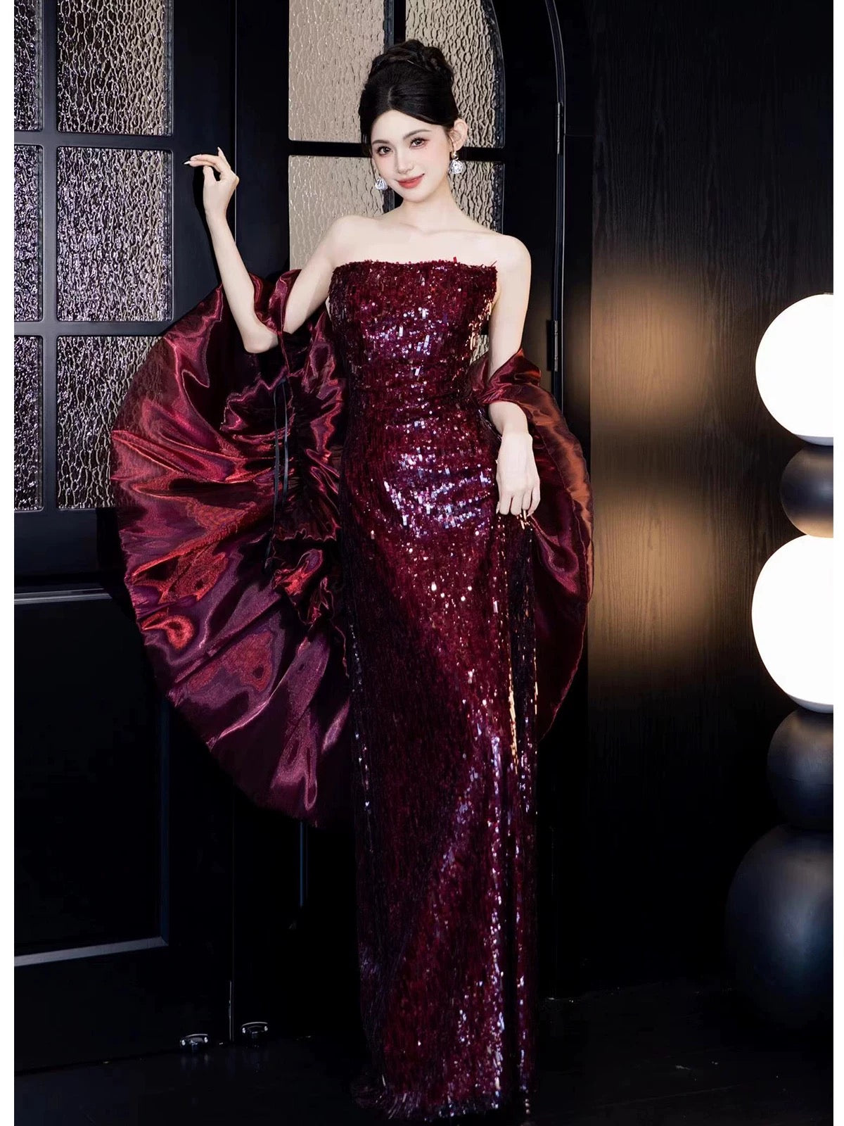 Sparkly Mermaid Strapless Burgundy Sequin With Cape Long Prom Evening Dresses Inspo Evening Outfits RB5182