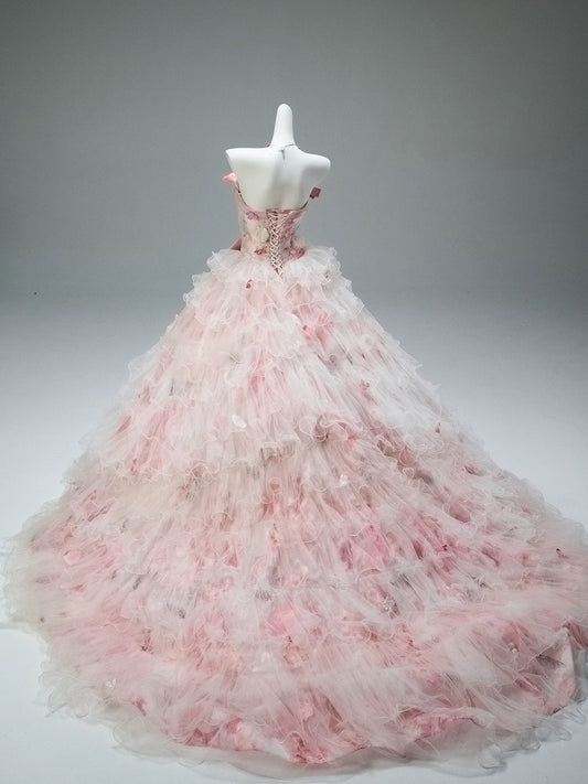 Pretty Ball Gown Off The Shoulder Pink With Flowers Long 15 Quinceanera Dresses Photo Ideas Formal Outfit RB5574