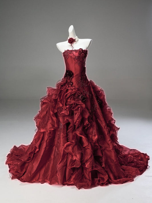 Pretty Ball Gown Strapless Burgundy Sleeveless With Flowers Ruffled Long 15 Quinceanera Dresses Photo Ideas Formal Outfit RB5580