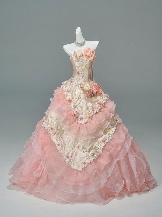 Pretty Ball Gown Strapless Pink Chiffon Sleeveless With Flowers Ruffled Long 15 Quinceanera Dresses Photo Ideas Formal Outfit RB5584