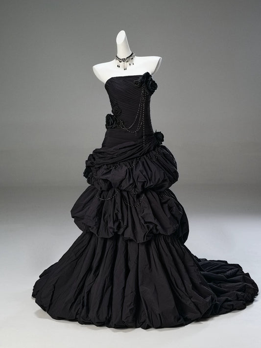 Classy Mermaid Strapless Black Taffeta With Folded Flowers Date Night Outfits Long Formal Prom Gown Evening Dresses RB5586