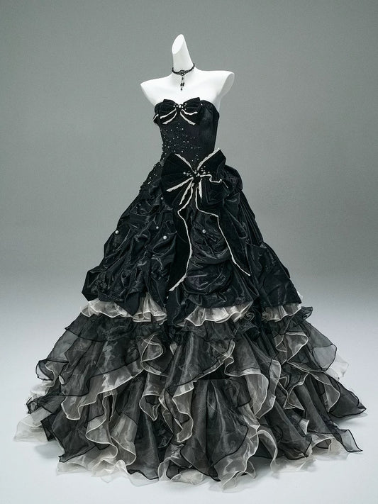 Pretty Ball Gown Strapless Black Tulle Organza With Ruffled Long 15 Quinceanera Dresses Photo Ideas Formal Outfit RB5592