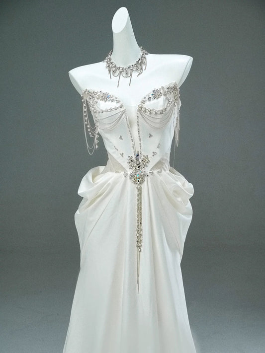 Modest Mermaid Sweetheart White With Train White Satin Brides Gown Bridal Dress Long Wedding Dresses RB5528