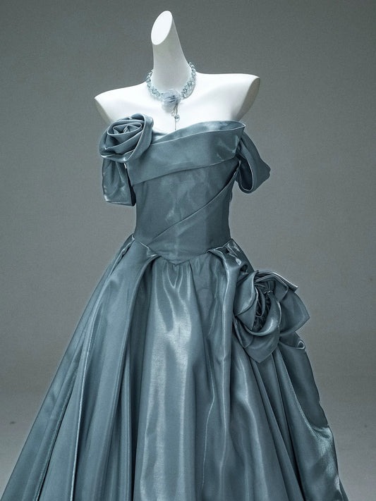 Princess Style Ball Gown Off The Shoulder Dusty Blue Satin Long 15 Quinceanera Dresses Photo Ideas Formal Outfit RB5521