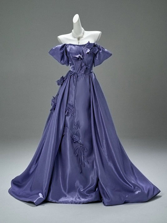 Elegant Ball Gown Off The Shoulder Purple Satin Date Night Outfits Semi Formal Prom Gown Evening Dresses RB5538