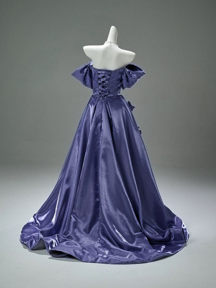 Elegant Ball Gown Off The Shoulder Purple Satin Date Night Outfits Semi Formal Prom Gown Evening Dresses RB5538