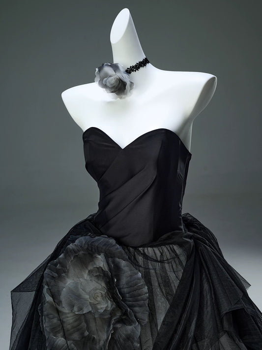 Beautiful Ball Gown Sweetheart Tulle Black With Flower Long Quinceanera Dresses Sweet 15 Dress Formal Outfits RB5524