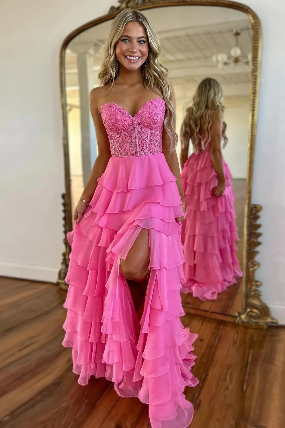 A line Sweetheart Pale Yellow Chiffon Flowy Ruffle Long Formal Gowns Prom Dresses Evening Dress AB711