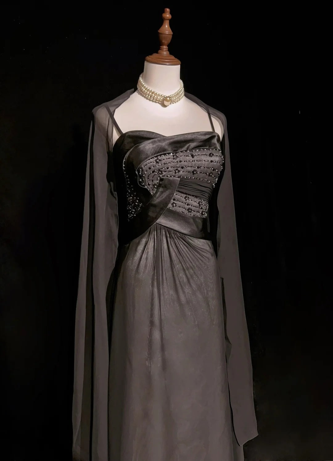 Robes de bal vintage Esthétique Années 50 Rétro Coupe trapèze Bretelles spaghetti Robe de soirée longue grise N2321