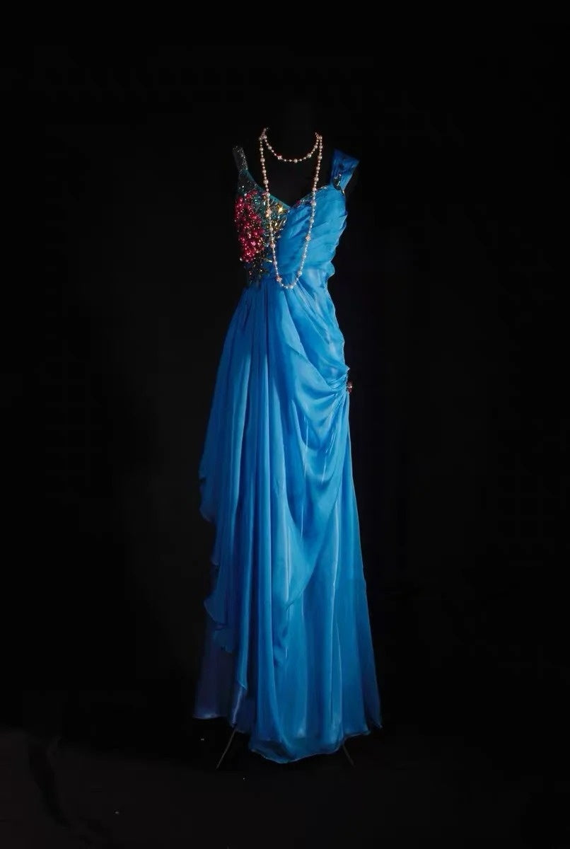 Robe de bal longue bleue en mousseline, coupe trapèze, bretelles simples, inspiration robe de soirée formelle robe de bal N188