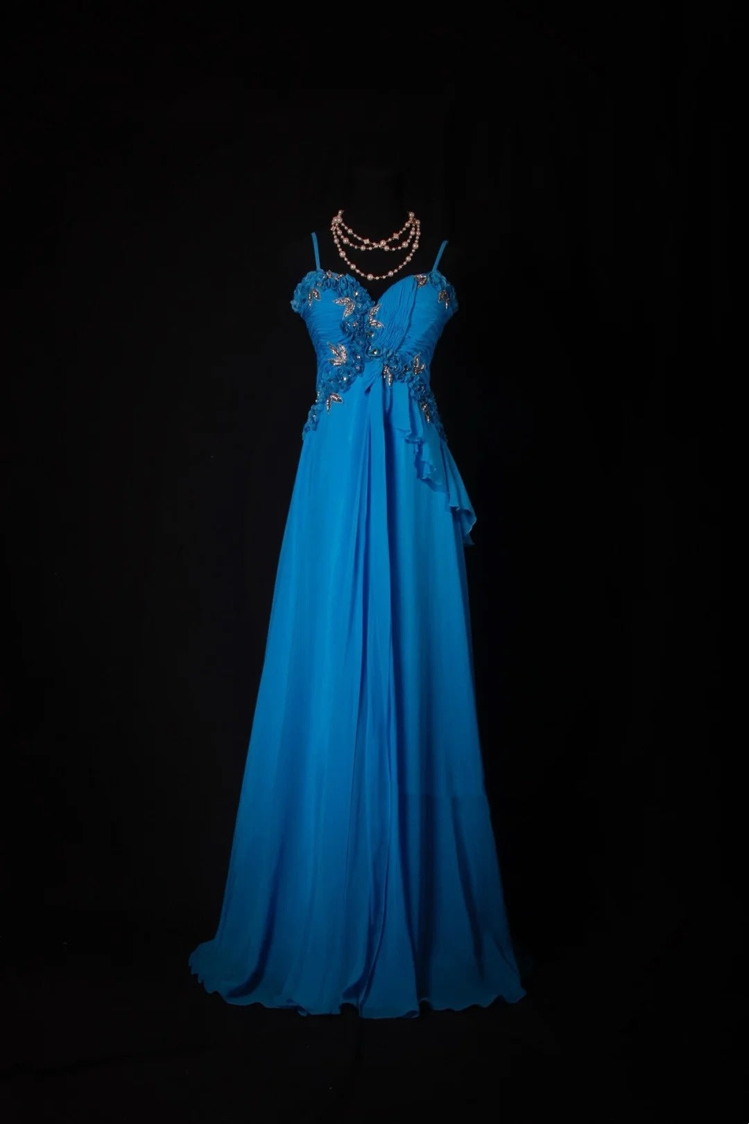 Robe de bal longue vintage bleu roi en mousseline, coupe trapèze, bretelles spaghetti, inspiration robe de soirée formelle robe de bal N191