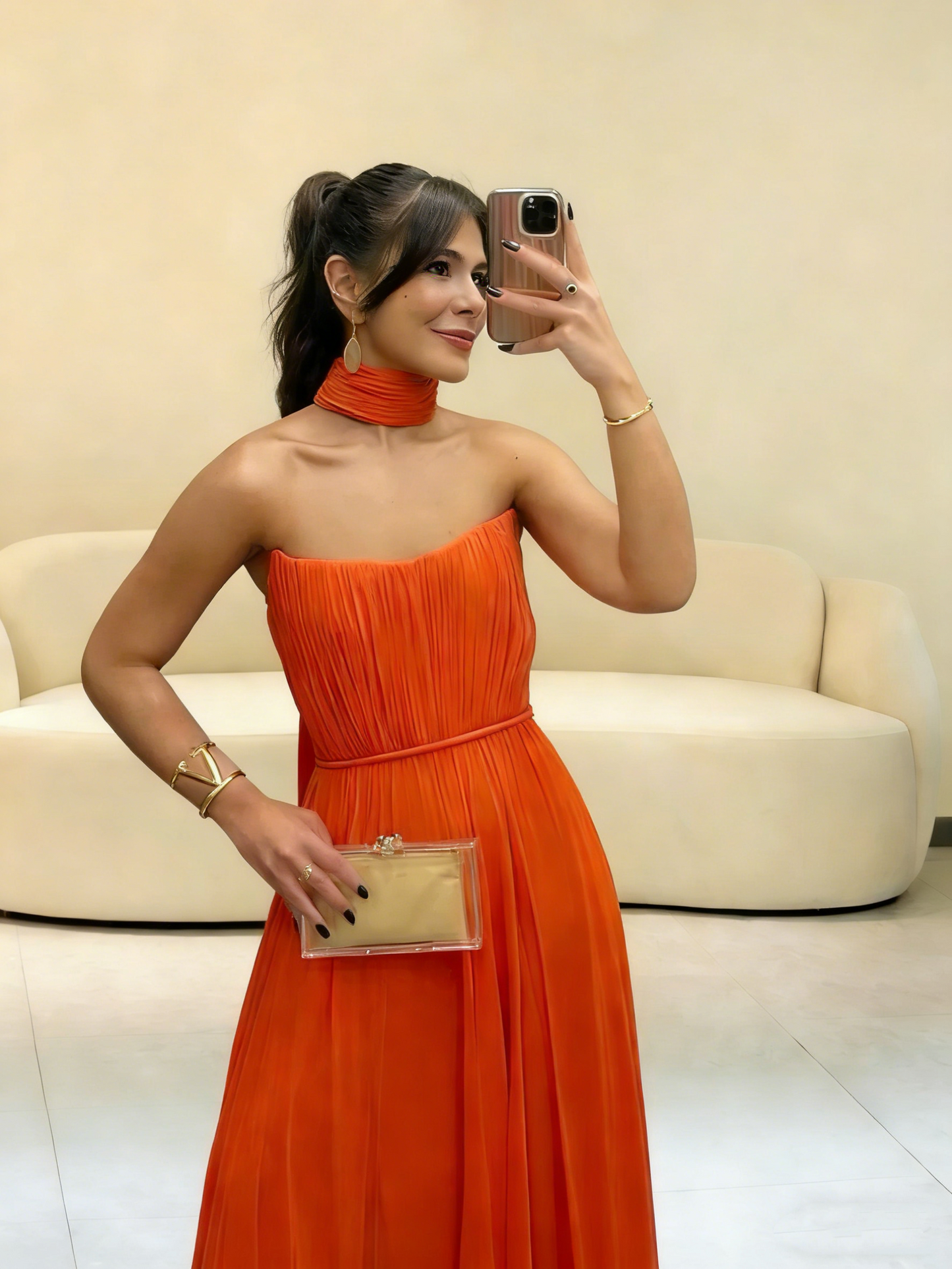 Robe de soirée longue orange en mousseline, coupe trapèze, sans bretelles, avec foulard, inspiration pour bal de fin d'année (N020)