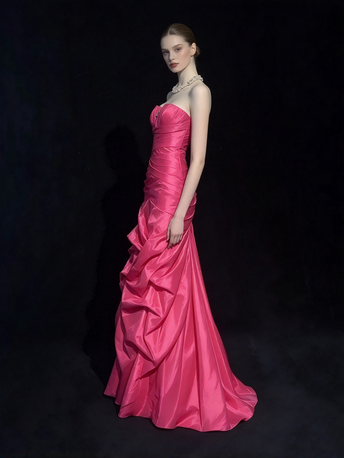 Vintage Abschlussballkleider Meerjungfrau Trägerlos Hot Pink Satin Mit Gestuften Lagen 90er Langes Abendkleid N2915