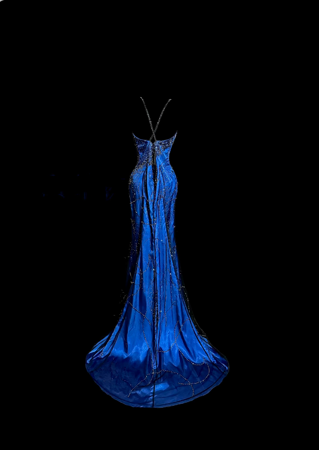 Robes de bal uniques Robes de soirée sirène avec bretelles spaghetti bleu roi sans manches avec perles N3793