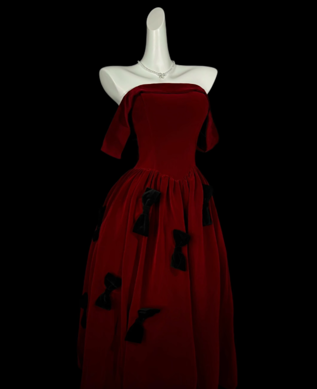 Robes de bal modestes, col bateau, velours bordeaux, longueur thé, robes de soirée, robe de bal de rendez-vous nocturne N4412